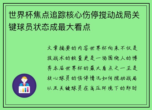 世界杯焦点追踪核心伤停搅动战局关键球员状态成最大看点